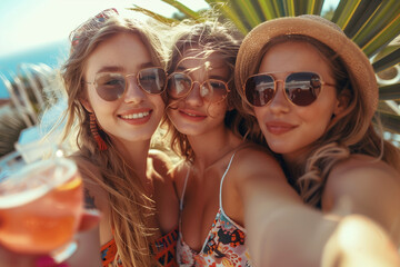 young ladies enjoying summer vacation holding cocktail juice taking selfie