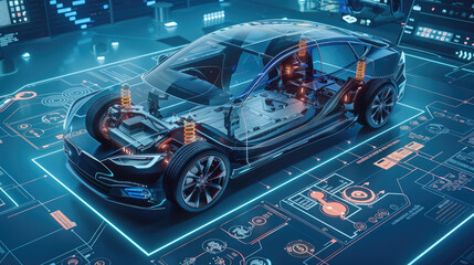 Obraz premium High-Performance Electric Sport Car Chassis and Battery Packs: Futuristic EV Factory Production and Prototype Showcase