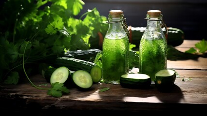 Bottles of juice with cucumber and parsley on grey backround