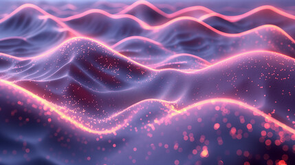 Pink and purple wave with glowing particles on a dark background.