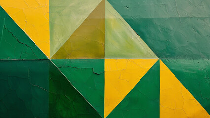 Geometric Wall Design Featuring Green and Yellow Triangular Patterns with Textured Finish