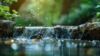 Fototapeta premium A kingfisher splashes in a pond by a waterfall.