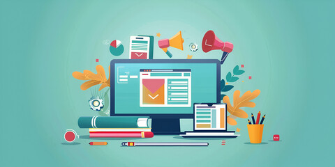 Digital Marketing Tools and Computer Setup | Modern Marketing Workspace with Computer and Icons
