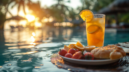 Breakfast in swimming pool, floating breakfast in tropical resort. Table relaxing in calm pool...