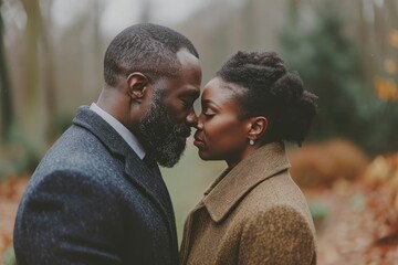 Heartfelt Connection: An In-Love Married Black Couple with Closed Eyes, Embracing Their Deep Bond in the Cozy Atmosphere of Fall.
