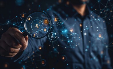 The businessman uses a magnifying glass to show people on a virtual screen an icon with a check mark, holding the human icon, talent selection, HR, personnel recruitment