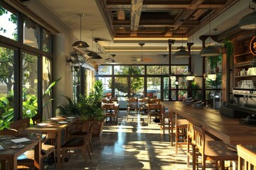 Fototapeta premium Elegant interior design of a restaurant in spring city center for a pleasant dining experience