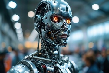 Fototapeta premium Futuristic Elegance: The Intricate Mechanisms of a Robot, Blending Human and Artificial Intelligence in Sophisticated Harmony.