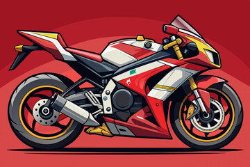 Sleek red and white sportbike with gold accents, perfect for racing, motorcycle enthusiasts, and graphic design projects.
