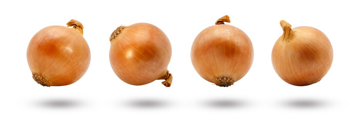 Flying onion collection isolated on white background.
