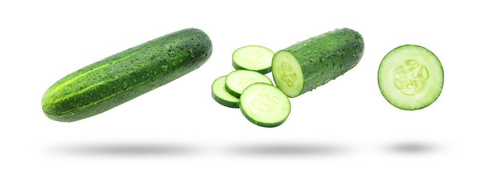 Flying cucumber has water drop with slices collection isolated  on white background.
