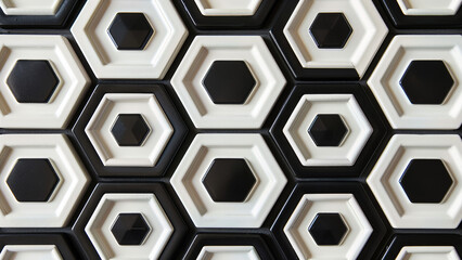 Black and white 3D hexagon tile pattern with geometric symmetry