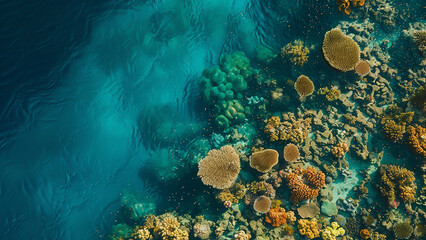 Fototapeta premium Aerial View of Vibrant Coral Reef in Crystal Clear Blue Ocean Waters