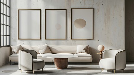 Two empty poster frames above light beige sofa in cafe with round coffee tables and chairs, 3d...
