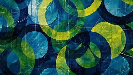 Fototapeta premium Abstract blue and green circular shapes with grunge texture background