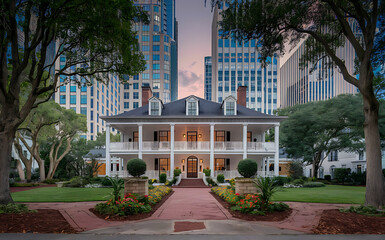 A stunning, southern-style mansion surrounded by towering buildings and lush gardens.