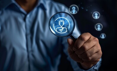 People use magnifying glasses and people ICONS to select people to select customers, group members or company group members on the virtual screen. Icon Talent Selection, HR, HR concepts. Merchants use