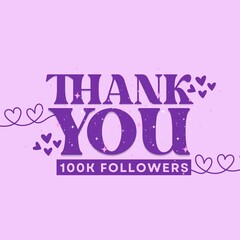 100K Followers Thank You Card minimalist design with purple shades and hearts