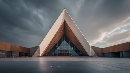 Modern Architectural Structure with Dramatic Triangular Roof and Glass Facade
