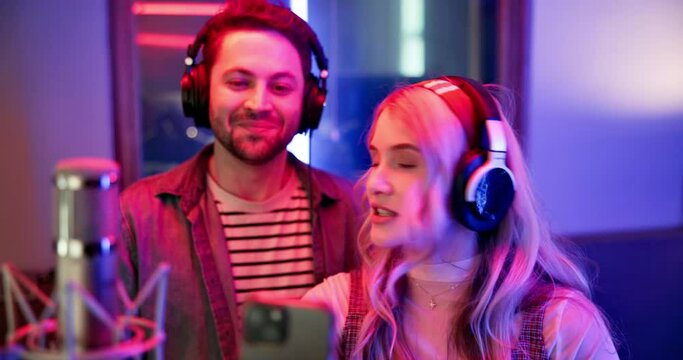 People, recording studio and singer with smartphone for live streaming, video call and social media. Artist, musician and sound or music booth for listening session, content creator and creative