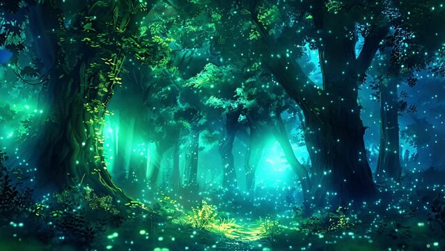 A serene forest made up of bioluminescent trees that emit a peaceful green glow offering a peaceful respite from the busy greenway.