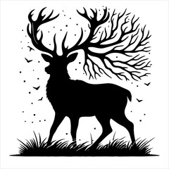 Silhouette of deer - vector illustration. Graphic black silhouettes of wild deers – male, female, and roe deer