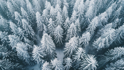 Top-Down Aerial View of Snow-Covered Pine Trees in a Winter Forest