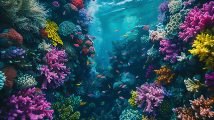Fototapeta premium Vibrant Coral Reef Underwater Ecosystem with Colorful Marine Life and Clear Blue Water