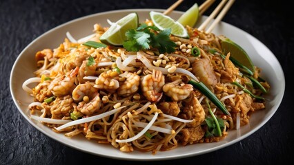 Elegant Minimalist Composition of Thai Cuisine - A Plate of Shrimp Stir-Fry, Rice Noodles, and Fresh Vegetables with Lime and Chilies, Served on a Wooden Table Against a Black Background