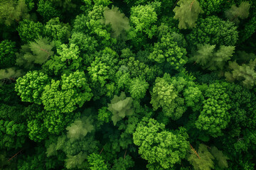 Fototapeta premium Aerial view of a landscape of a lush forest taken by a drone, displaying dense green foliage and towering trees, perfect for a nature-themed wallpaper