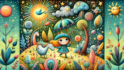 Obraz premium ilustración infantil, wallpaper, cuento de hadas, fantasía, variopinto, hada, gigante, tigre, león, mono, elefante rey, villano, storybook, ilustración, arte, animal, diversión, felinos, flor, bebé, n