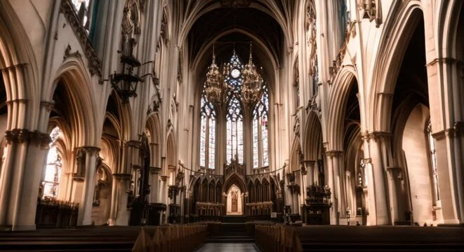 gothic church cathedral interior on blue sky with clouds front view