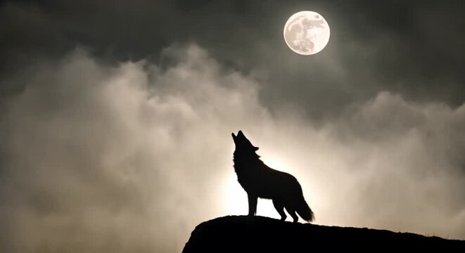 wolf howling at a full moon on a foggy night