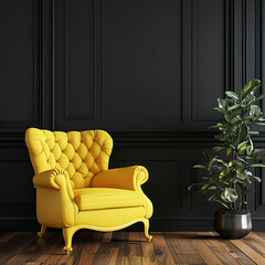 Obraz premium Living room interior has an yellow armchair on empty dark black wall background,Modern wooden living room, Ai generated