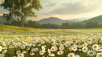 a field of white daisies and yellow flowers, generative AI