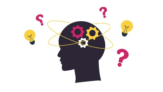 person with question mark,Footage motion graphic Vector art illustration of head silhouette with the theme of ideas and thoughts, questions and ideas in the head