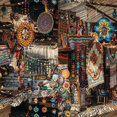 Panoramic shot of a craft fair where various stalls present unique handmade beadwork jewelry, highlighting the cultural diversity and creativity of the artisans