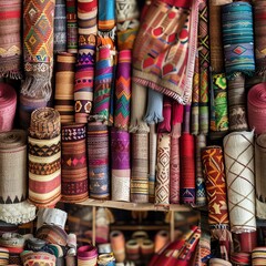 Panoramic shot of a market stall filled with various tightly woven baskets, each differing in size, shape, and purpose, demonstrating the versatility of this craft