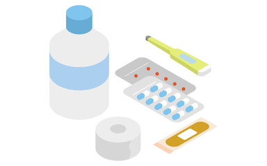Eemergency kit of first-aid kit, simple isometric illustration