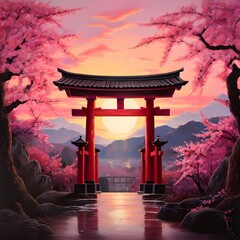 Naklejka premium Red Japanese torii gate with clusters of pink cherry blossoms with a beautiful sunrise and mountain range in the background.