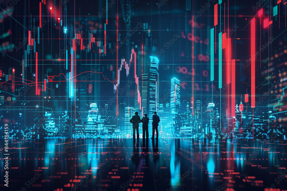 Poster a group of people are standing in front of a building with a large screen displaying financial data.