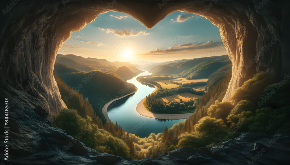 Wall mural view of the landscape through a heart-shaped cave opening. the intense golden glow of the setting su - Wall murals