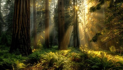 Obraz premium Sun shining through the forest with sequoia trees
