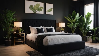 A black comforter and pillows adorn a bed in a room with lush potted plants lining the sides