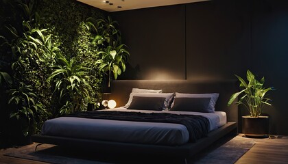 A black comforter and pillows adorn a bed in a room with lush potted plants lining the sides