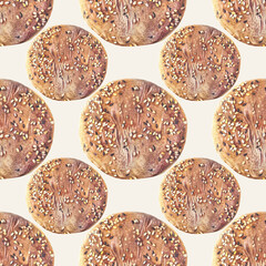 Seamless pattern with watercolor loaf of fresh crispy homemade bread on white background. Whole grain bun for healthy breakfast. Hand-drawn food for cookbook or cafe or kitchen. Wallpaper or wrapping