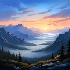 Beautiful mountain range with the sunset emerging behind