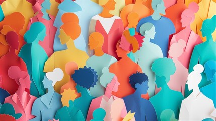 Colorful crowd of paper cutouts representing diversity in a vibrant setting during a creative art exhibition