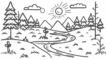 Obraz premium Simple line art of a hiking trail winding through a forest, representing outdoor exploration.