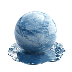 Abstract blue marble sphere with marbled patterns, sitting on a reflective surface, symbolizing fluidity and creativity. transparent background